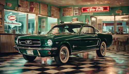 รถฟอร์ดมัสแตงสีเขียวเข้มสไตล์วินเทจจอดอยู่ในร้านอาหารอเมริกันช่วงปี 1950