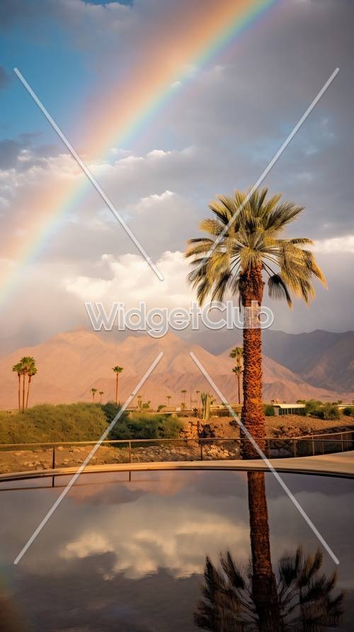 砂漠のオアシスに架かる虹
