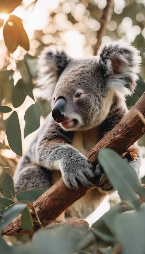 A teenage koala napping on a eucalyptus branch in the light of the setting sun.