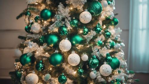 Un tradicional árbol de Navidad blanco abundantemente decorado con brillantes adornos de color verde esmeralda.