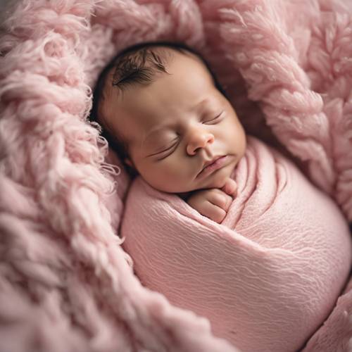 A newborn sleeping soundly wrapped in a baby pink blanket.