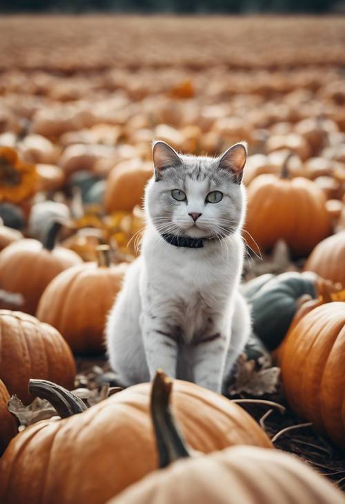 Dezenas de gatos de mármore se divertindo em um grande canteiro de abóboras durante uma tarde de outono.