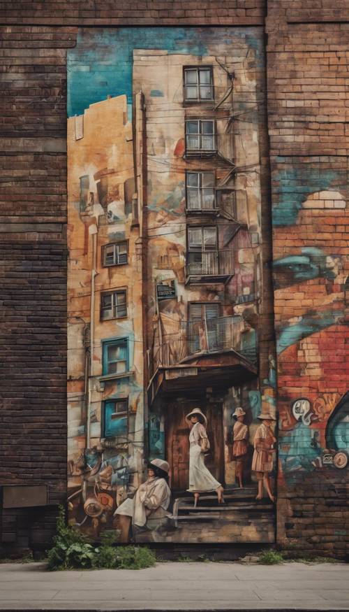 Mural vintage semarak yang menggambarkan kehidupan tahun 1920-an di sebuah gang.
