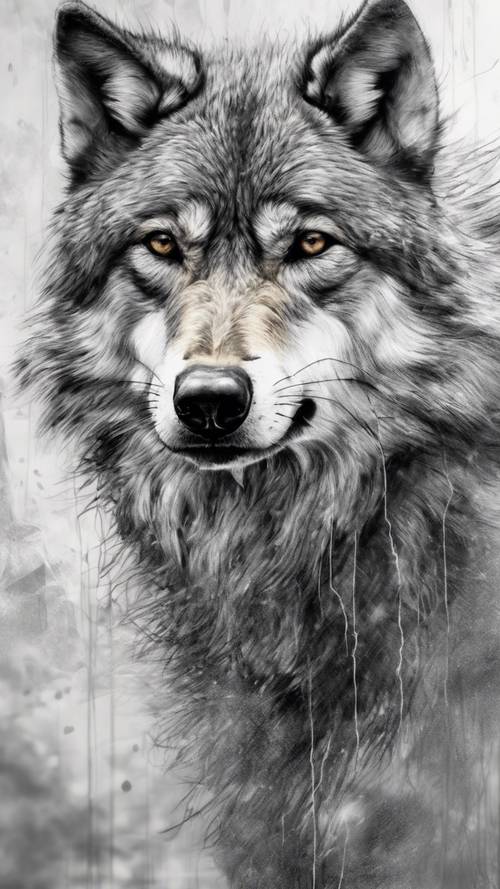 Một bản phác thảo bằng than chì cách điệu về một con sói hoang đứng ngang ngược trước cơn gió thổi dữ dội, bộ lông của nó tua tủa với dòng điện mát lạnh.