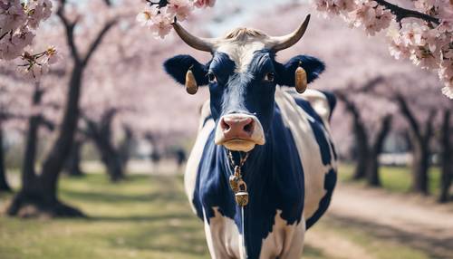 'Single indigo cow with bell around its neck, standing alone under a cherry blossom tree in full bloom.' Tapeta [1e048ef2f5254079aff8]
