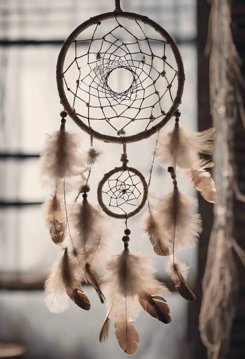 Beige boho dreamcatcher with dangling feathers suspended in a monochrome room Tapet [365a3ed3b21348e7a64f]