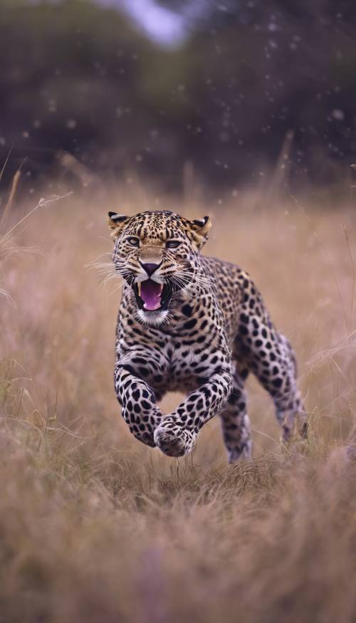 Una scena intensa di un leopardo viola che si avventa sulla sua preda in una savana erbosa.