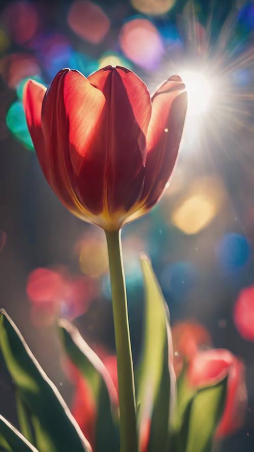 Czerwony tulipan załamujący światło słoneczne w tęczę kolorów.