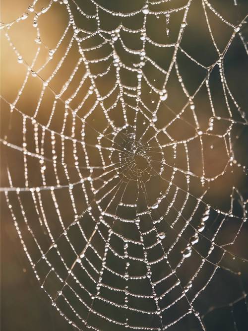 Dew drops on a spider's web forming the shape of a sad, broken heart.