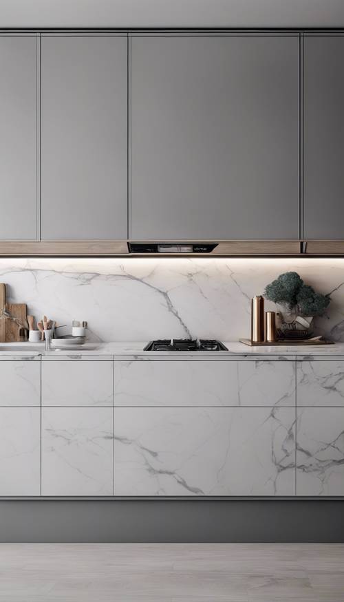 Uma cozinha minimalista e elegante com design moderno, bancadas de mármore branco e armários cinza elegantes.