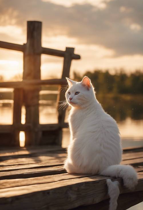 Um gato branco da raça Bobtail das Curilas em um cais de madeira rústico, observando o pôr do sol sobre um lago calmo.