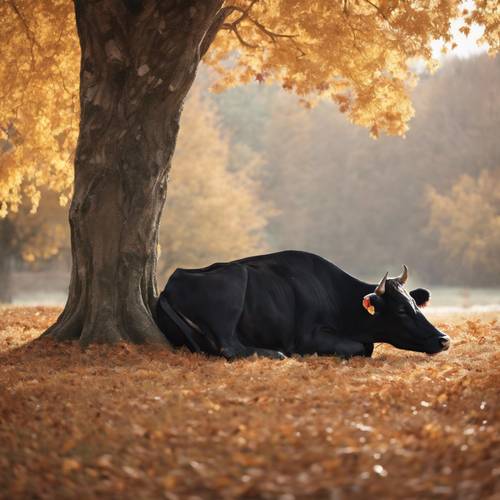 秋天，一头有着美丽斑点的黑牛在一棵孤独的枫树下安静地打盹。
