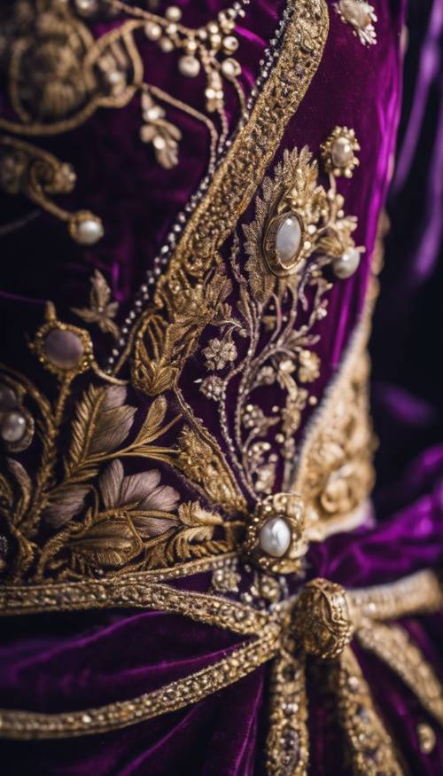 Un abito reale in velluto viola con ricami dorati, adatto a una principessa rinascimentale.