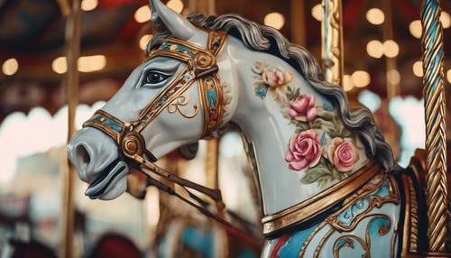 Staromodny koń karuzelowy z pięknie misternie pomalowanymi detalami