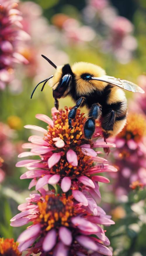 A cartoonish image of a bumblebee with big smiling eyes, happily pollinating colorful garden flowers