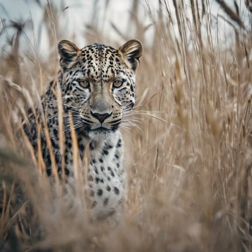 A sneaky gray leopard hiding behind tall grass, eyes laser-focused on an unsuspecting prey. Tapet [14e23dffffe2424d96af]