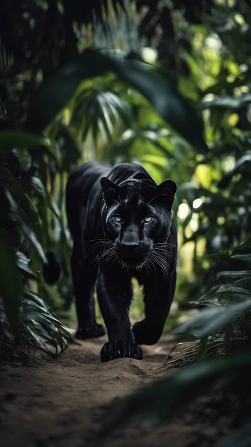 Elegancka czarna pantera grasująca nocą w ciemności dżungli.
