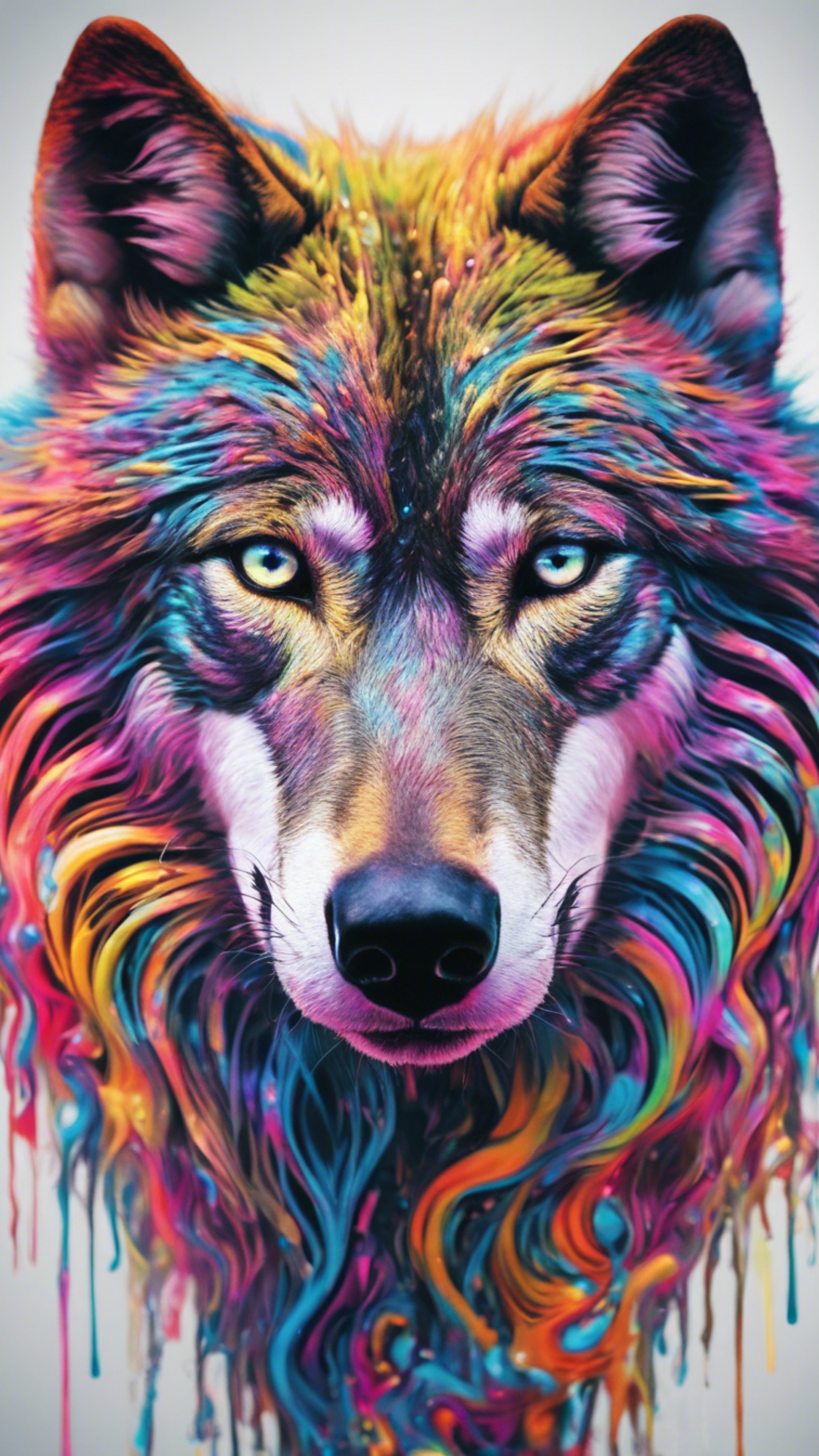 A psychedelic wolf camouflaged within a vibrant, multi-spectral swirl of colors, eyes glowing with hypnotic intensity.壁紙[2388b6e4895d4937991f]