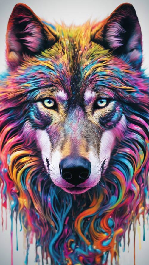 Psychodeliczny wilk zakamuflowany w żywym, wielospektralnym wirze kolorów, z oczami świecącymi hipnotyczną intensywnością.