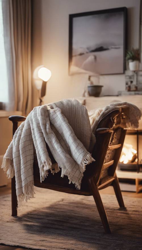 Ruang tamu yang nyaman di malam hari, dengan selimut wol kotak-kotak putih menutupi kursi kayu berlengan pedesaan.