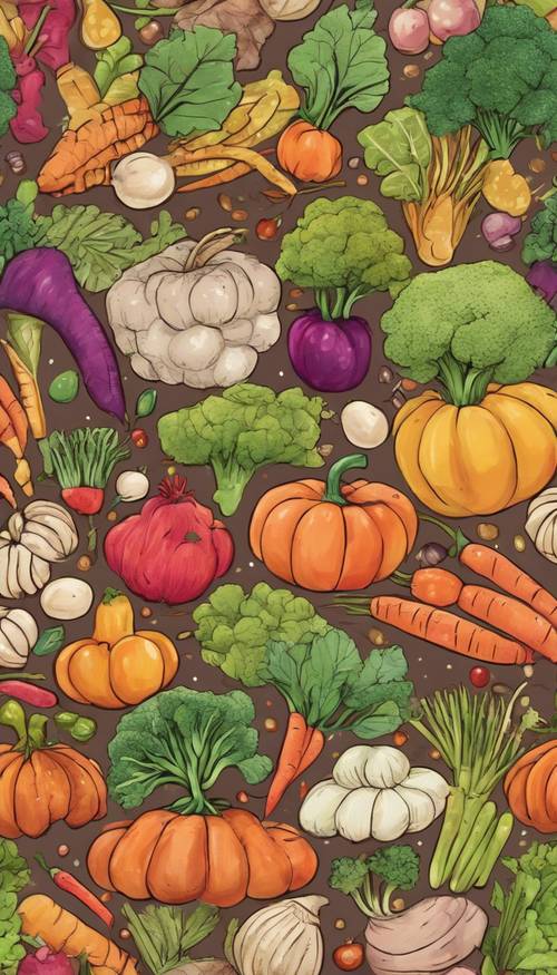 Una cornucopia colorida y linda de verduras de otoño dibujadas en un estilo kawaii