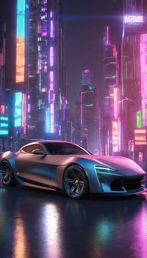 A matte-gray sports car parked in a 3D neon cityscape at night