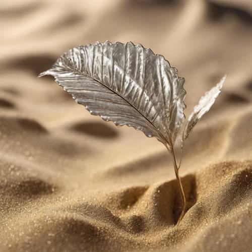 Ein anmutiges silbernes Blatt, durchzogen von komplizierten Mustern, halb im goldenen Sand vergraben.