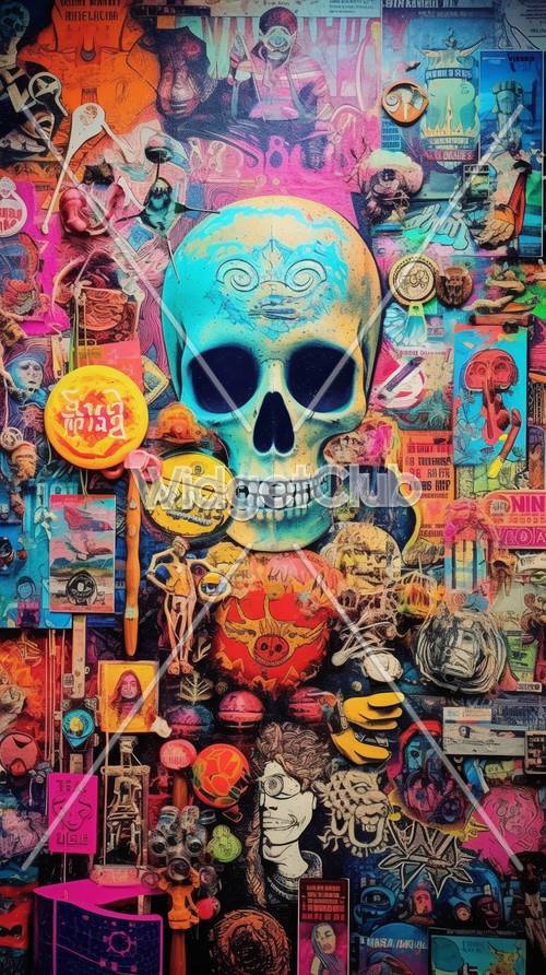 Colorful Skull and Retro Collage Art