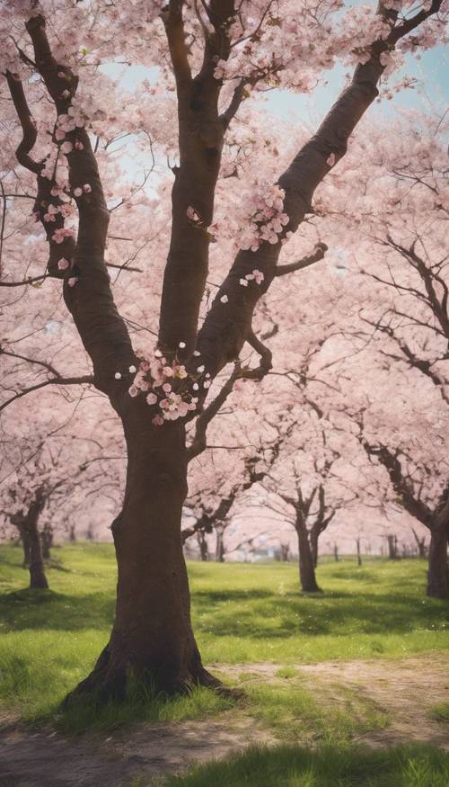 Uma paisagem minimalista de primavera com uma única cerejeira em plena floração, com suas pétalas balançando ao sabor da brisa leve.