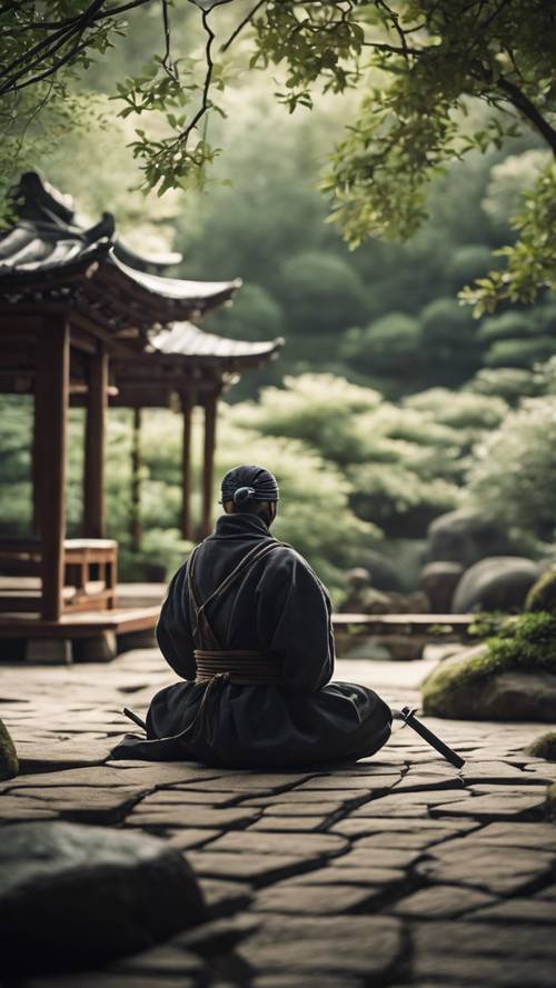 Um velho ninja desolado, relembrando seu passado em um tranquilo jardim Zen.
