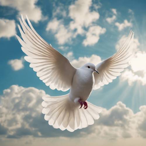 An elegant dove, symbolising peace, soaring freely against an azure sky dotted with fluffy clouds.