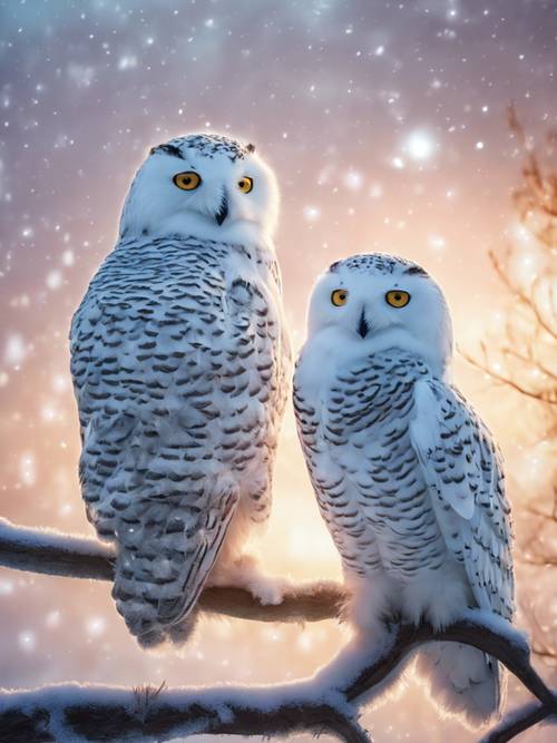 雪の降る木にとまった二羽の雪フクロウ - 北極光が輝く空の壁紙
