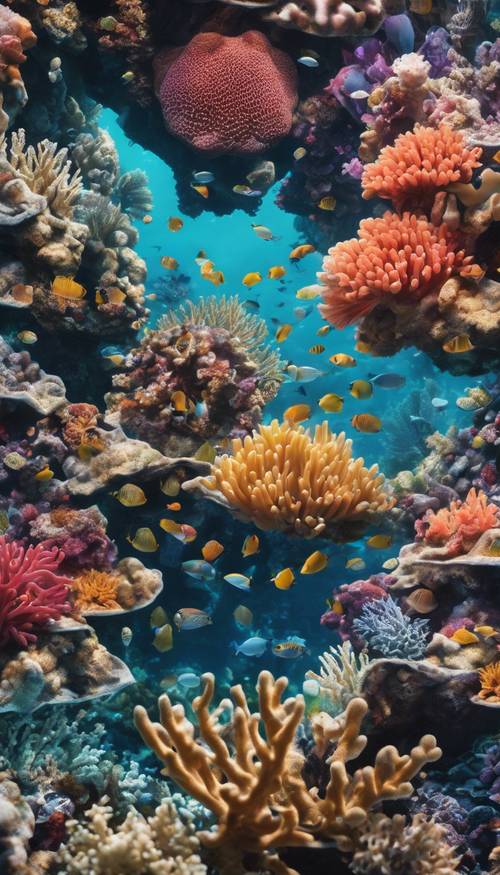 A repeating diamond pattern filled with a vibrant coral reef scene, showcasing diverse underwater life in every section.