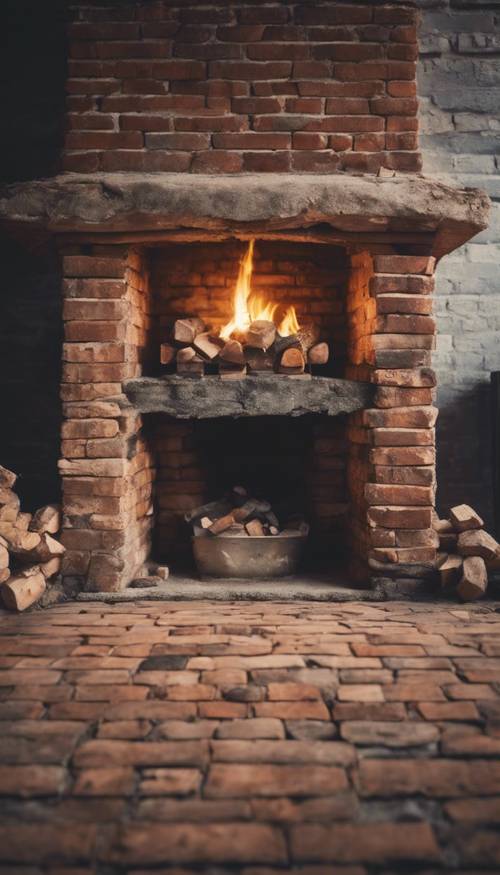 古老乡村小屋中用质朴的砖块砌成的壁炉。
