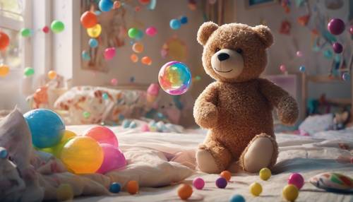 Un dibujo divertido de un oso de peluche realizando un truco de magia con orbes flotantes, brillantes y multicolores en el dormitorio de un niño.