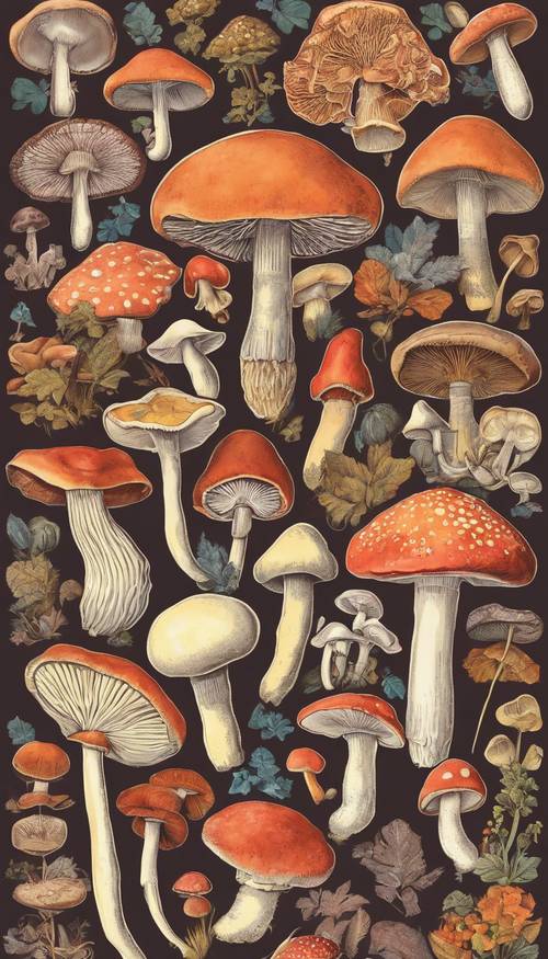A retro, pop-art style poster featuring various types of mushrooms.
