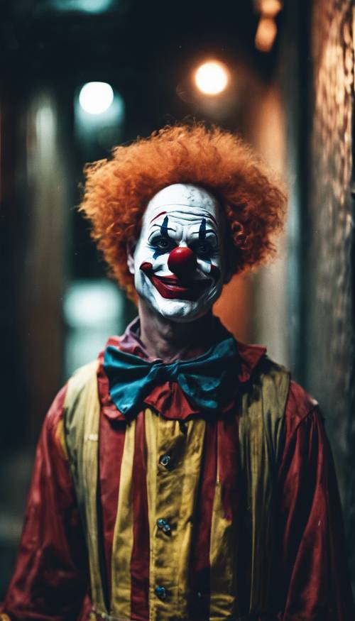 A creepy clown with a sinister smile standing in a dark alley Behang [da27835a9f5e46b2b81a]