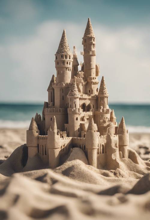 An elaborate sandcastle built on a pristine beach, with intricate towers, battlements and a tiny moat feeling the rhythmic push and pull of the ocean’s ebb.