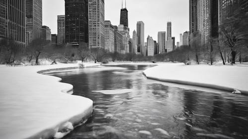 Chicago city skyline with its famous landmarks in black and white during winter, blanketed with thick layers of snow.