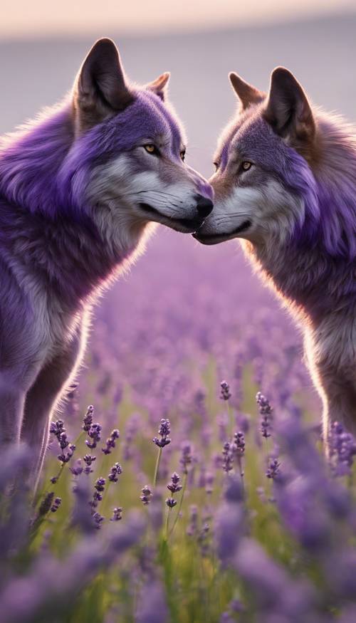 라벤더 밭에서 두 마리의 보라색 늑대가 눈싸움을 벌이고 있습니다.
