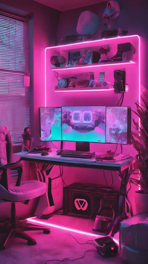An aesthetic setup of a gaming station with pastel LED lights and fluffy accessories.