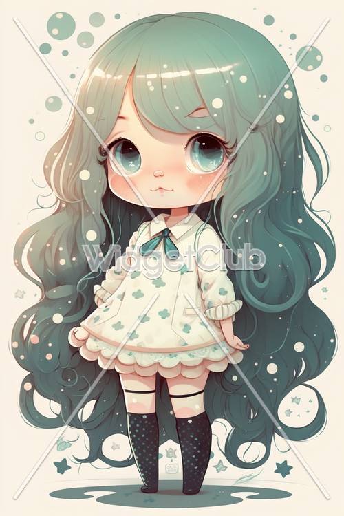 Cute Cartoon Girl with Blue Hair and Sparkles Background