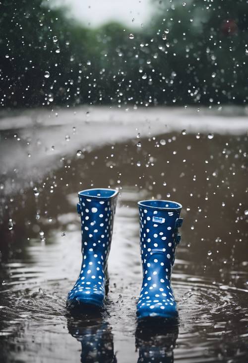 Zbliżone zdjęcie niebieskich kaloszy z białymi kropkami pluskającymi się w kałuży deszczu. Tapeta [65d57b33b2c74574b580]