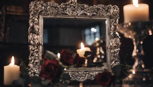 Un miroir argenté orné encadré de roses noires, reflétant une pièce éclairée aux bougies remplie d&#39;ombres.