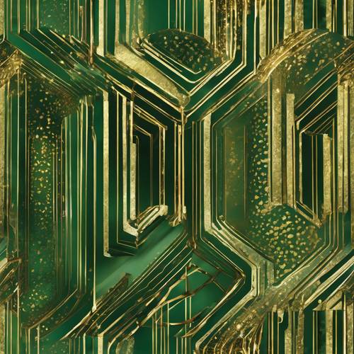 Green and gold abstract shapes displayed in a seamless metallic pattern.