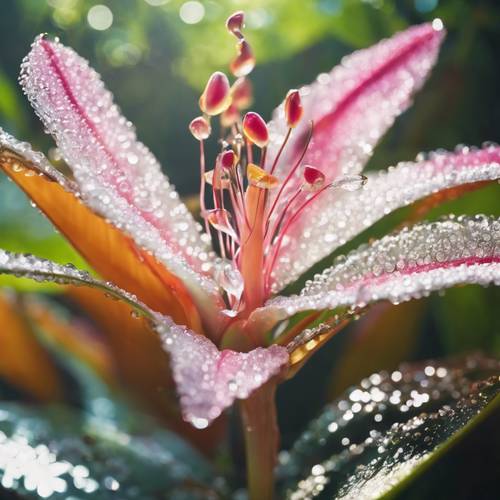 Un primo piano di un fiore tropicale baciato dalla rugiada che emette un profumo esotico alla luce del sole del mattino.