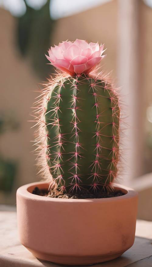 Un solo cactus rosa en una maceta de terracota bajo una suave luz de media mañana.