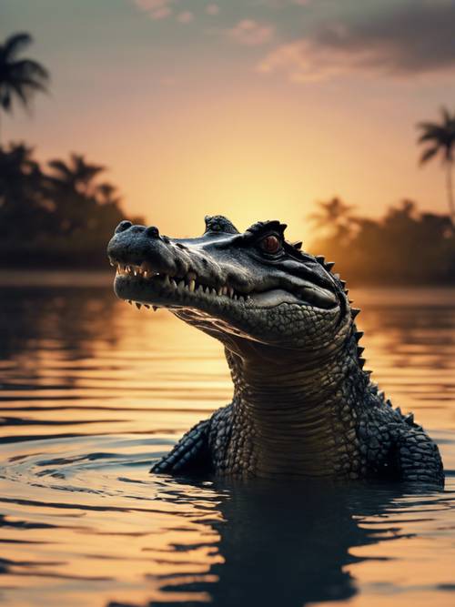 A sunset silhouette of a crocodile breaching a calm tropical lagoon.
