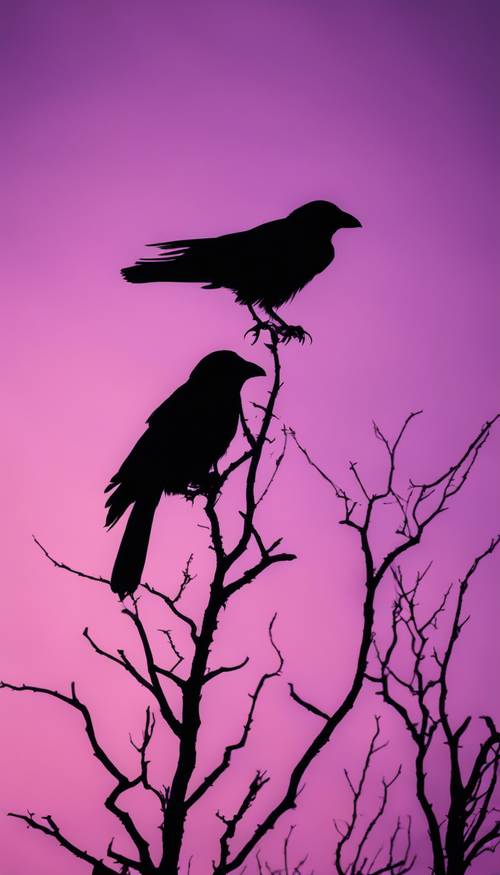 Makabryczna, gotycka sceneria z czarnymi wronami latającymi na fioletowym niebie o zmierzchu.