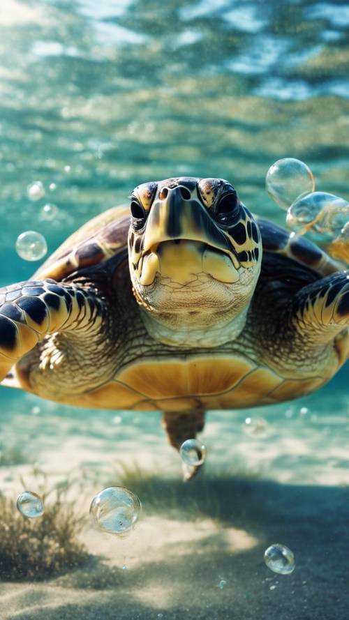 A loggerhead sea turtle caught mid-dive, leaving a twist of bubbles.